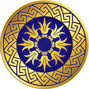 武汉古德寺传统古金希腊装饰品Meander传统古金圆希腊装饰品蓝底色的米安德和花粉模式插画