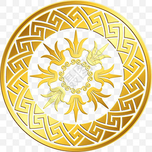 金色圆形花纹传统古金希腊装饰品Meander传统古金圆希腊装饰品透明背景的米德和花卉模式插画
