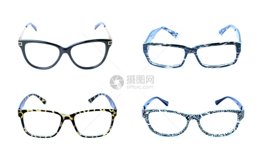 白色背景的现代时装眼镜组完美的反射玻璃图片