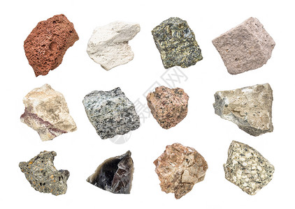 安山岩包括左上角的孤立有光化岩地质学收集包括scoriapumicegabbrotuffrhyolitedorite花岗岩和铁矿bas背景