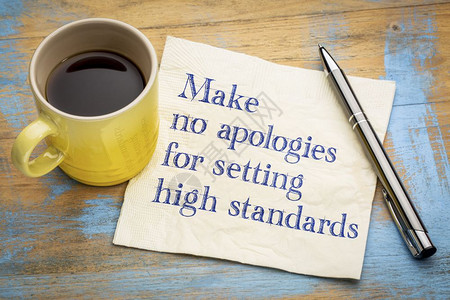对设定高标准不作任何道歉手写在餐巾纸上加一杯咖啡背景