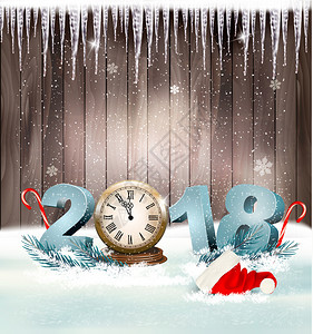 2018年新快乐背景圣诞老人的帽子和钟表矢量图片