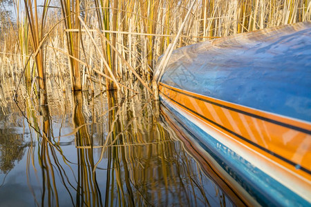 起桨板和在平静的湖上钓鱼跌落风景低角度视图图片