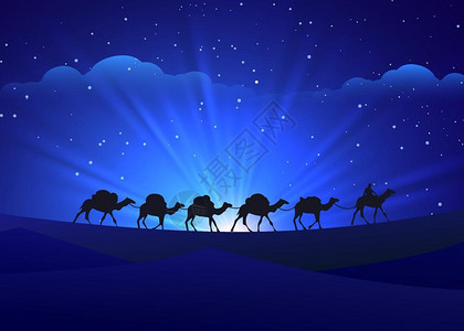 迪拜天空夜间背景随骆驼大篷车行走的夜间背景矢量图插画
