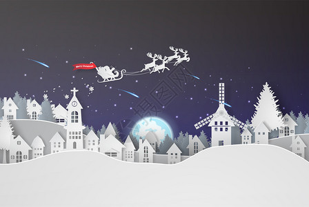 圣诞小镇驯鹿圣诞节背景的纸面艺术插画