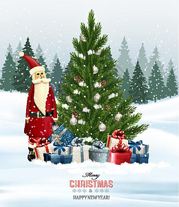 圣诞树和礼物还有圣诞老人矢量插画图片