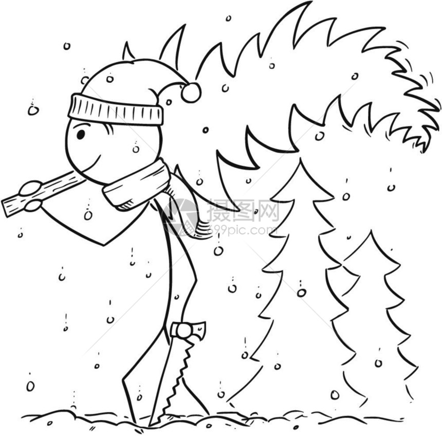 卡通木棍人画的用锯子把小树从森林中牵走圣诞降雪图片