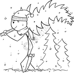 双把拉柳枪卡通木棍人画的用锯子把小树从森林中牵走圣诞降雪插画