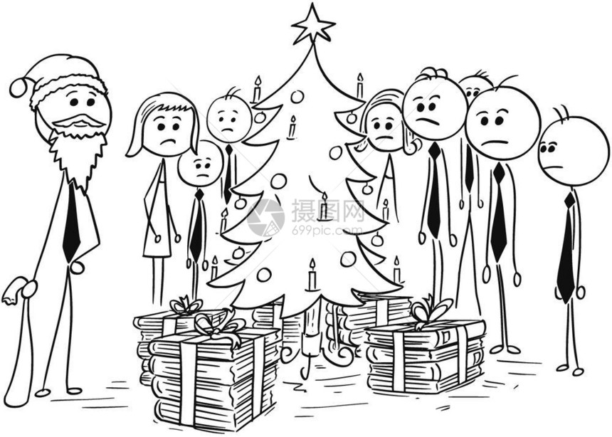 卡通Stickman画了一群站在圣诞树周围的商人图画圣诞老人服装的板给他们更多的纸质文件作为礼物工图片