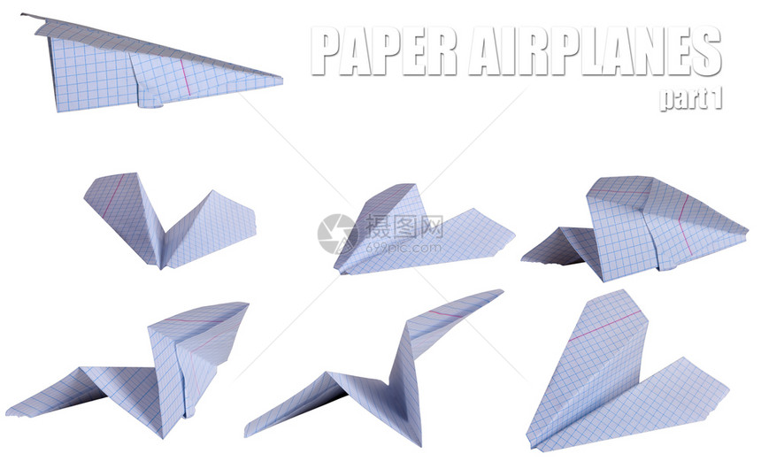 几架纸上飞机由校记笔本制成各种姿势白色背景图片