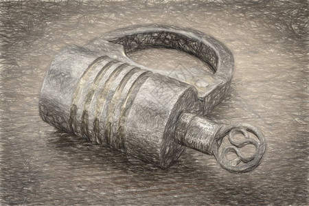 古老的圆形手工艺螺丝型铁链锁配有制木画的钥匙数字木制画效果图片