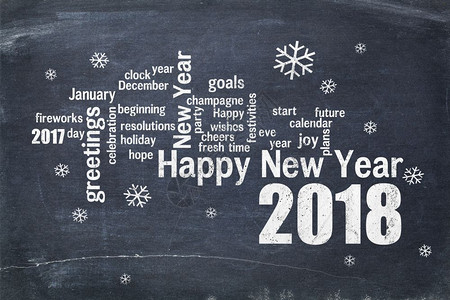 2018年新快乐乌云黑板上的白粉文字贺卡背景图片