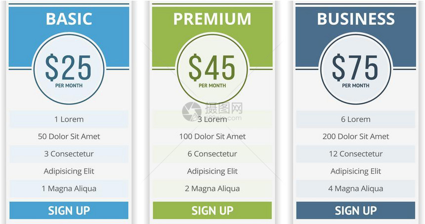 定价表配有三个网站计划的定价表模板矢量eps10插图图片