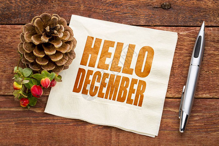 你好12月纸巾上的文字摘要与松果和生锈的谷仓木背景图片