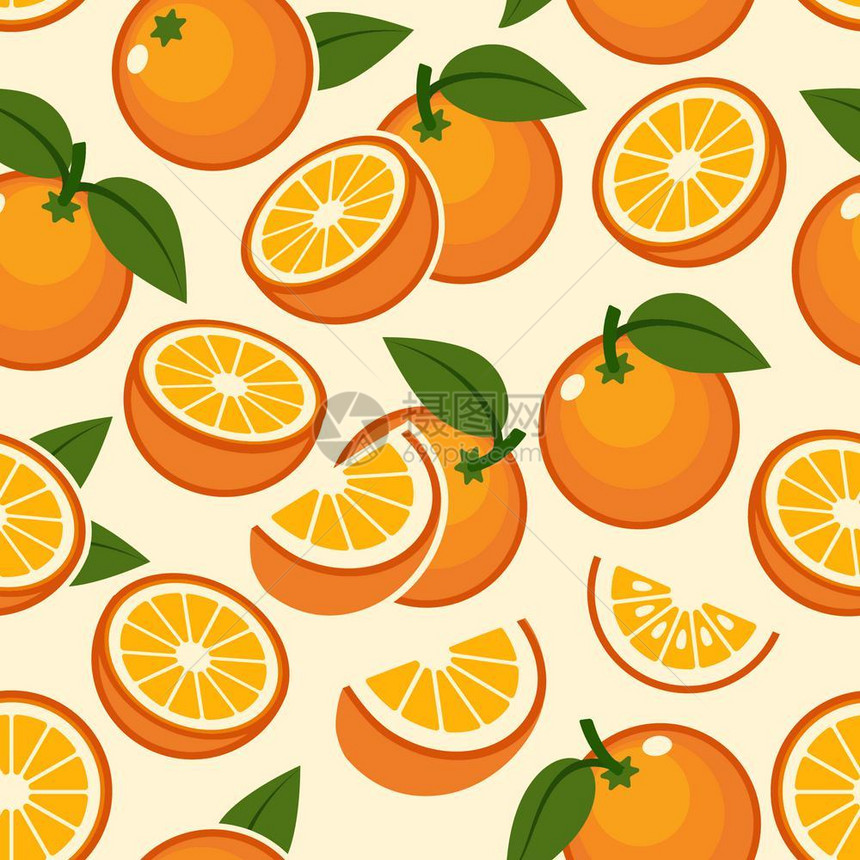 橘子水果无缝模式橙子水果甜的古代美丽柑橘制品无缝背景和黄汁橙子矢量插图图片