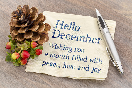 拾一月你好你好12月祝您有一个充满和平的月祝您愉快手写餐巾纸用松瓜和木头对着背景
