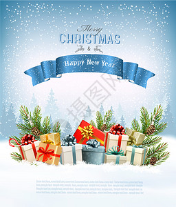 圣诞树丝带带圣诞树和礼物的假日背景插画