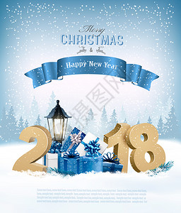 具有2018年圣诞快乐背景和礼品盒及蓝丝带图片