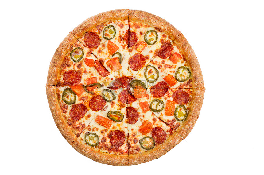 白色背景上孤立的比萨饼顶端视图图片