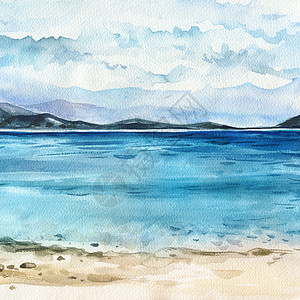 手绘水山海洋地貌边滩美丽的水彩手绘图画背景