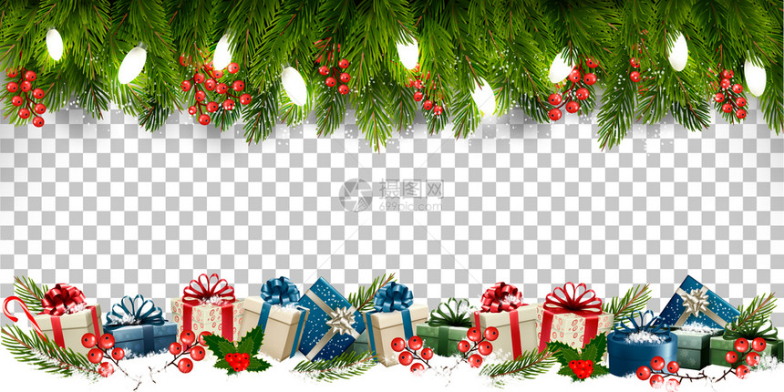 圣诞假框架树枝和礼品盒的背景透明矢量图片