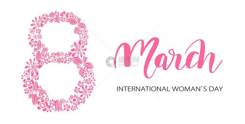 妇女节快乐手写短语和粉红背景两朵草花的第8号3月日政党邀请海报横幅或卡片设计图片