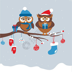雪猫头鹰圣诞礼物卡模板上面有几只猫头鹰圣诞假日贺礼卡模板上面有几只猫上面有两只的冬季帽子上面有箱装礼物鸟坐在树枝上圣诞和新年设计矢量插图插画