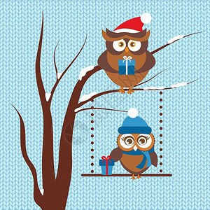 圣诞礼物卡模板上面有几只猫头鹰圣诞假日贺礼卡模板上面有几只猫上面有两只的冬季帽子上面有箱装礼物鸟坐在树枝上圣诞和新年设计矢量插图背景图片