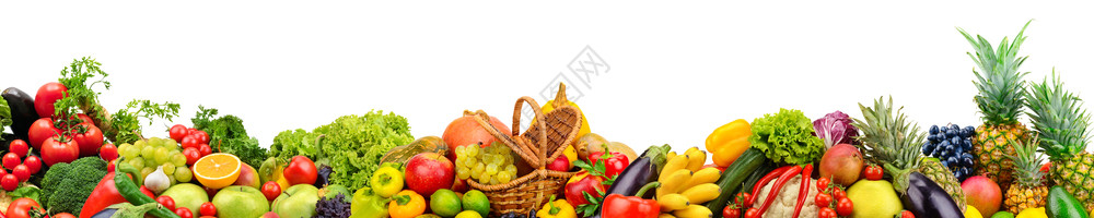 全景收集的水果和蔬菜供白底孤立的皮肤虫使用图片