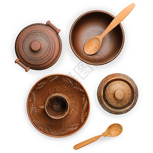 餐具和厨房用具在白背景与剪切路径隔离的Pottery罐盘杯背景