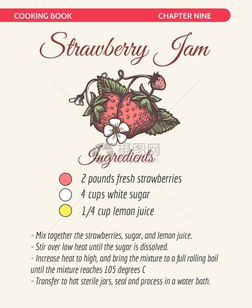 草莓果酱食谱书页手绘烹饪配有草莓果酱食谱矢量插图图片