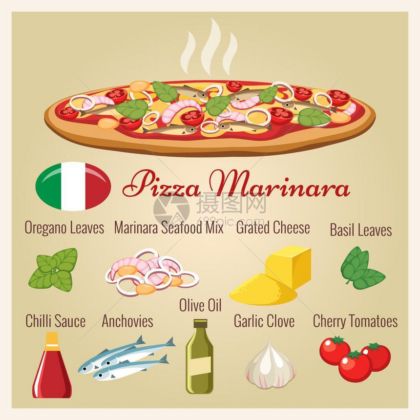 配有成分的海食比萨马里纳拉奶酪鱼和海食品的马里纳拉比萨病媒说明图片