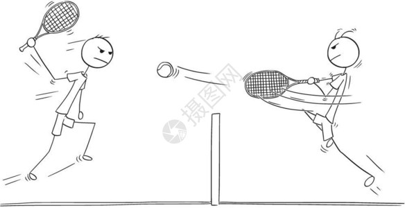 卡通棍手画两个网球运动员激烈比赛的插图图片