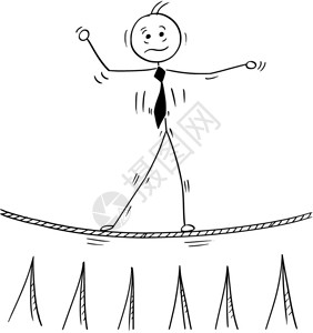 卡通棍棒人绘制了商业平衡行走的理念插图悬在尖杆上方的钢丝绳图片