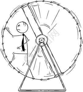 卡通木棍人绘制了精疲力尽的商人在松鼠轮上从事无效日常工作的概念图图片