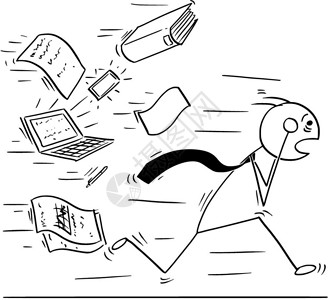 因纽克卡通Stickman概念图画了过度劳累的疲商人因办公文件工作而逃跑的事例插画