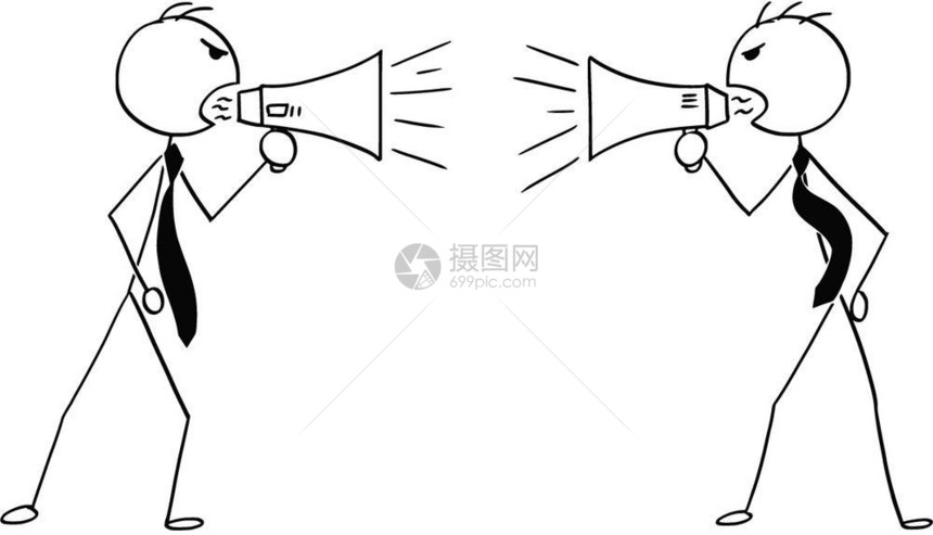卡通棍手画两个愤怒的商人使用扩音器相互交谈的概念插图图片