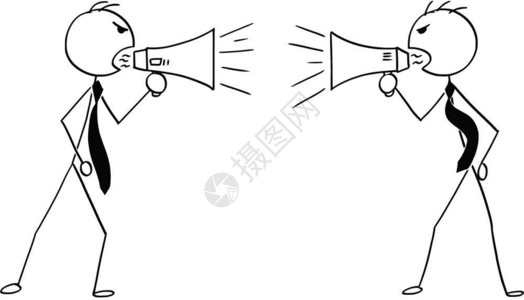 卡通棍手画两个愤怒的商人使用扩音器相互交谈的概念插图图片