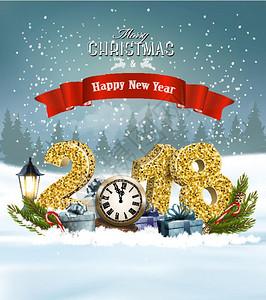 新年快乐2018年背景礼物和时钟矢量图片