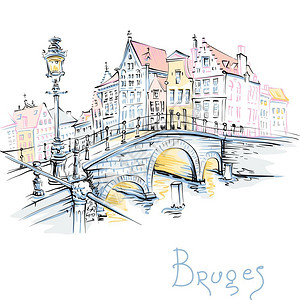 缅甸乌本桥比利时布鲁日运河和与美丽的中世纪房屋桥梁插画
