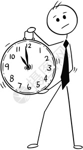 黑白钟卡通棍棒人绘制商大钟的概念插图商业时间管理概念商人大钟概念插画