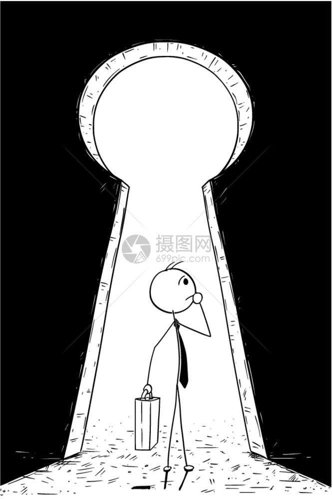 卡通Stickman绘制商人站在关键洞前并需要决定的概念图解商业梦想和决定的概念商业家和Keyhole的概念图片