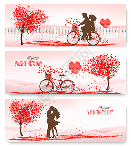 我爱这土地假日复古横幅长着心形叶子和自行车的情人节树插画