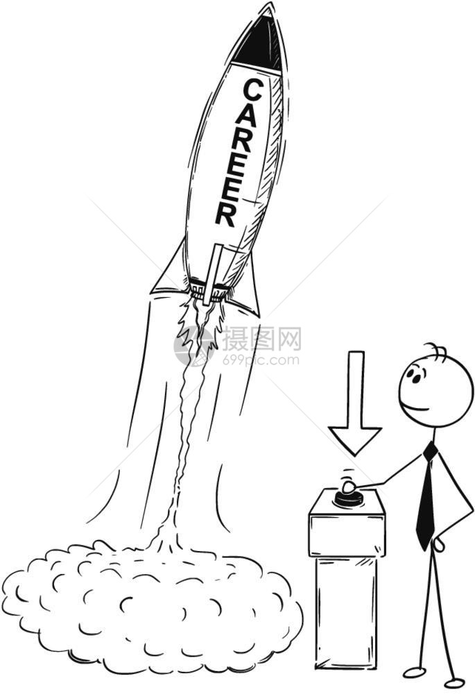 职业火箭启动概念卡通画商人发射火箭的概念插图卡通棍手成功职业的商概念启动图片