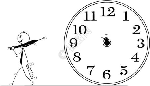 黑白钟商人和时间的卡通概念棍手描绘了商人为停止时间而摘下钟手的概念时间和的商业概念最后期限和压力的商业概念插画