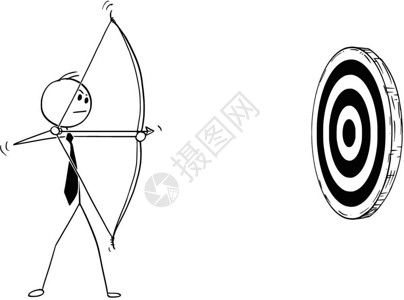 射击卡通商人与弓箭射向目标的卡通概念棍手绘制商人与弓箭射向目标或影响力的概念说明动机和决心的商业概念插画