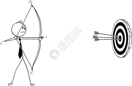 商人与弓箭射向目标的卡通概念棍手绘制成功的商人在目标或影响力上弓箭射向目标或影响力的概念插图中心有三次点击关于动机决心和成功的商插画
