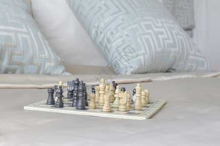 披上西洋棋和底浅蓝色枕头的图片