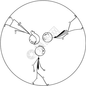 停滞悲哀或疲劳商人在圆圈或轮子中行走的概念漫画卡通棍手绘制了由三名悲哀或疲劳商人和组成的团队在圆圈中行走松鼠或仓轮中行走的概念插图重插画
