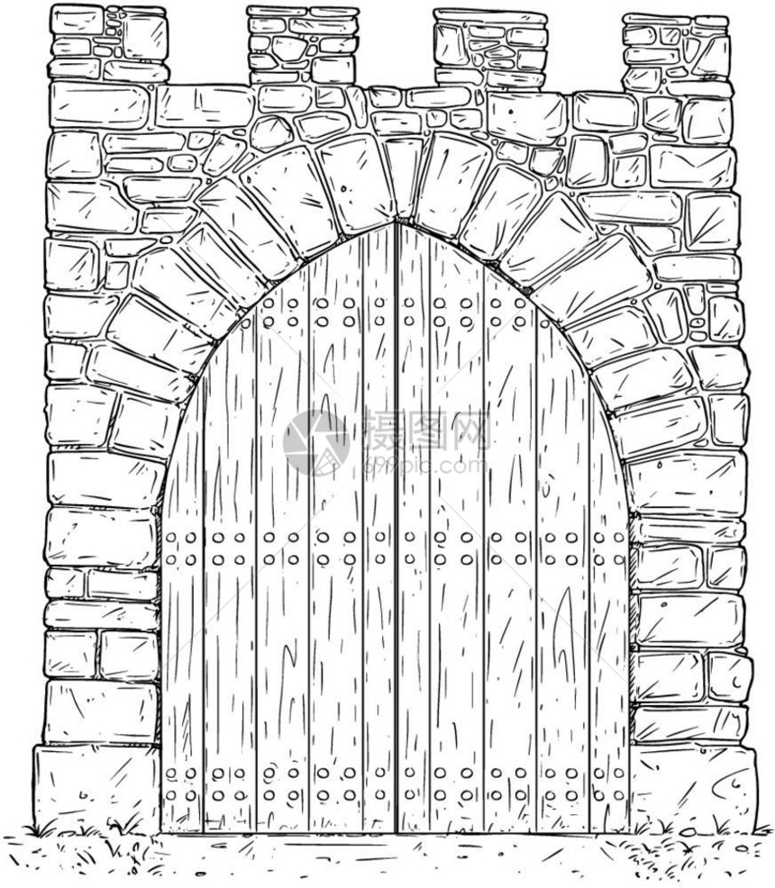 木质门关闭的石器中世纪决定门的卡通矢量木质门关闭的中世纪石器决定门的图解图片